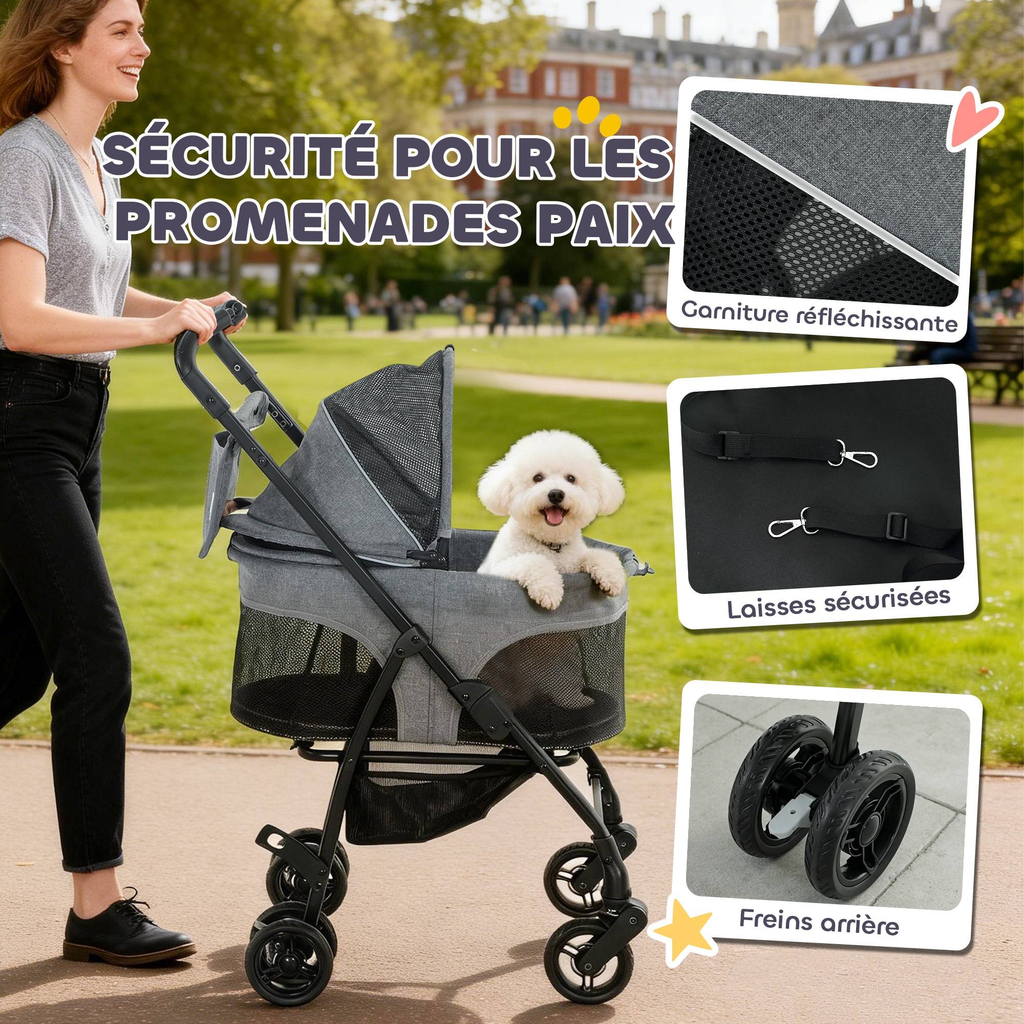 Poussette pour Chien Pousse-Chien 3 en 1 Détachable Pliable Nacelle Amovible et Sans Fermeture Éclair Suspension Gris - Image 8