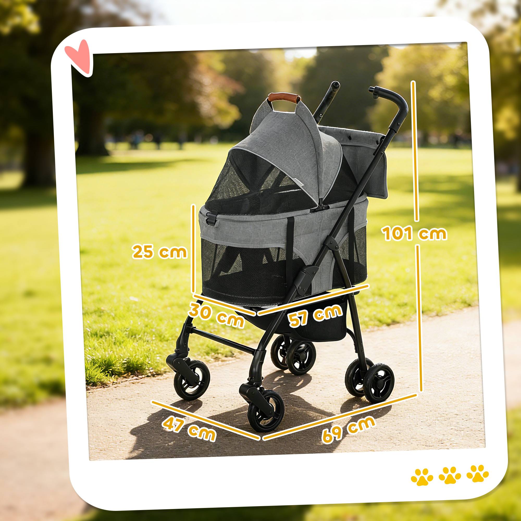 Poussette pour Chien Pousse-Chien 3 en 1 Détachable Pliable Nacelle Amovible et Sans Fermeture Éclair Suspension Gris - Image 5