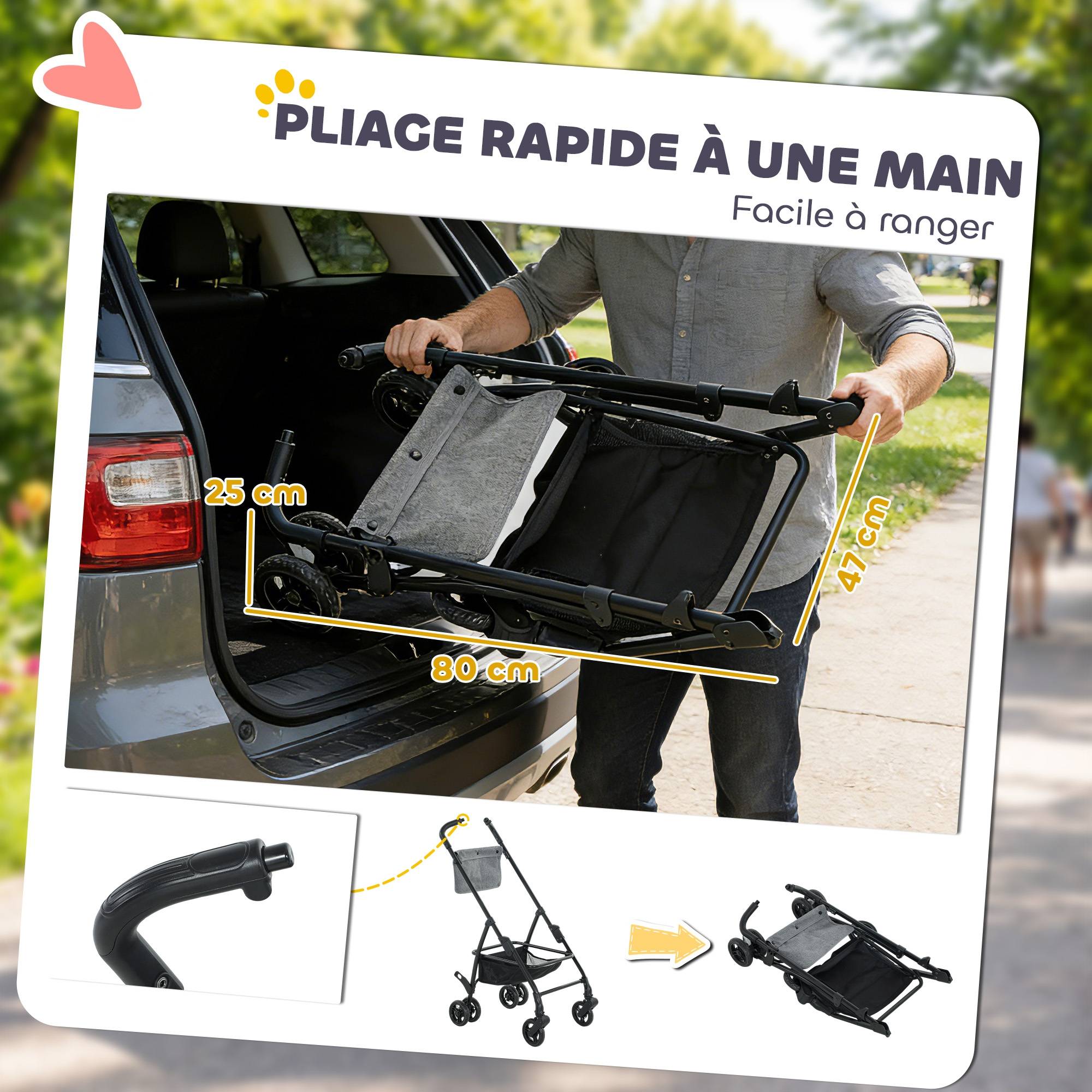 Poussette pour Chien Pousse-Chien 3 en 1 Détachable Pliable Nacelle Amovible et Sans Fermeture Éclair Suspension Gris - Image 9