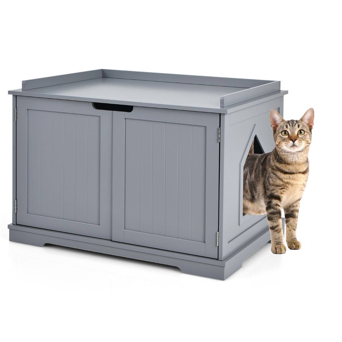 Maison pour Chats avec Chatière 2 Compartiments 1 Panneau Amovible et 2 Portes 75 x 54 x 52cm Charge Max 50KG Gris