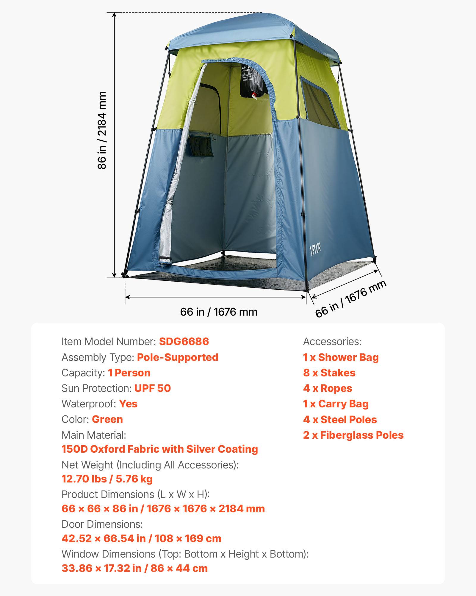 Vevor - VEVOR Tente de douche camping, abri d'intimité portable 167x167x218 cm, Oxford 150D, UPF 50, imperméable, sac de douche inclus. - Image 6