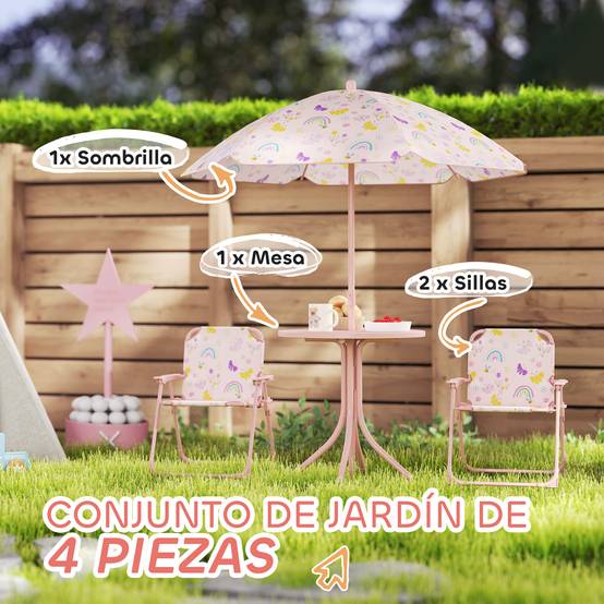 Ensemble de jardin pliable pour enfants avec 2 chaises, une table et un parasol réglable pour les enfants de 2 à 5 ans, rose - Image 6