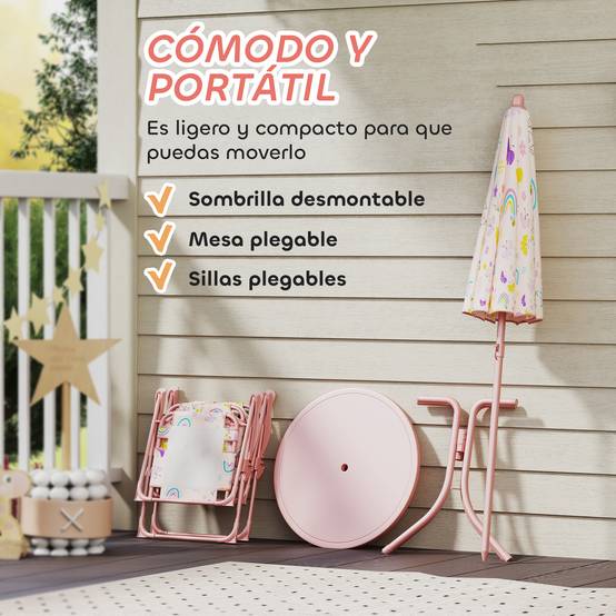 Ensemble de jardin pliable pour enfants avec 2 chaises, une table et un parasol réglable pour les enfants de 2 à 5 ans, rose - Image 8