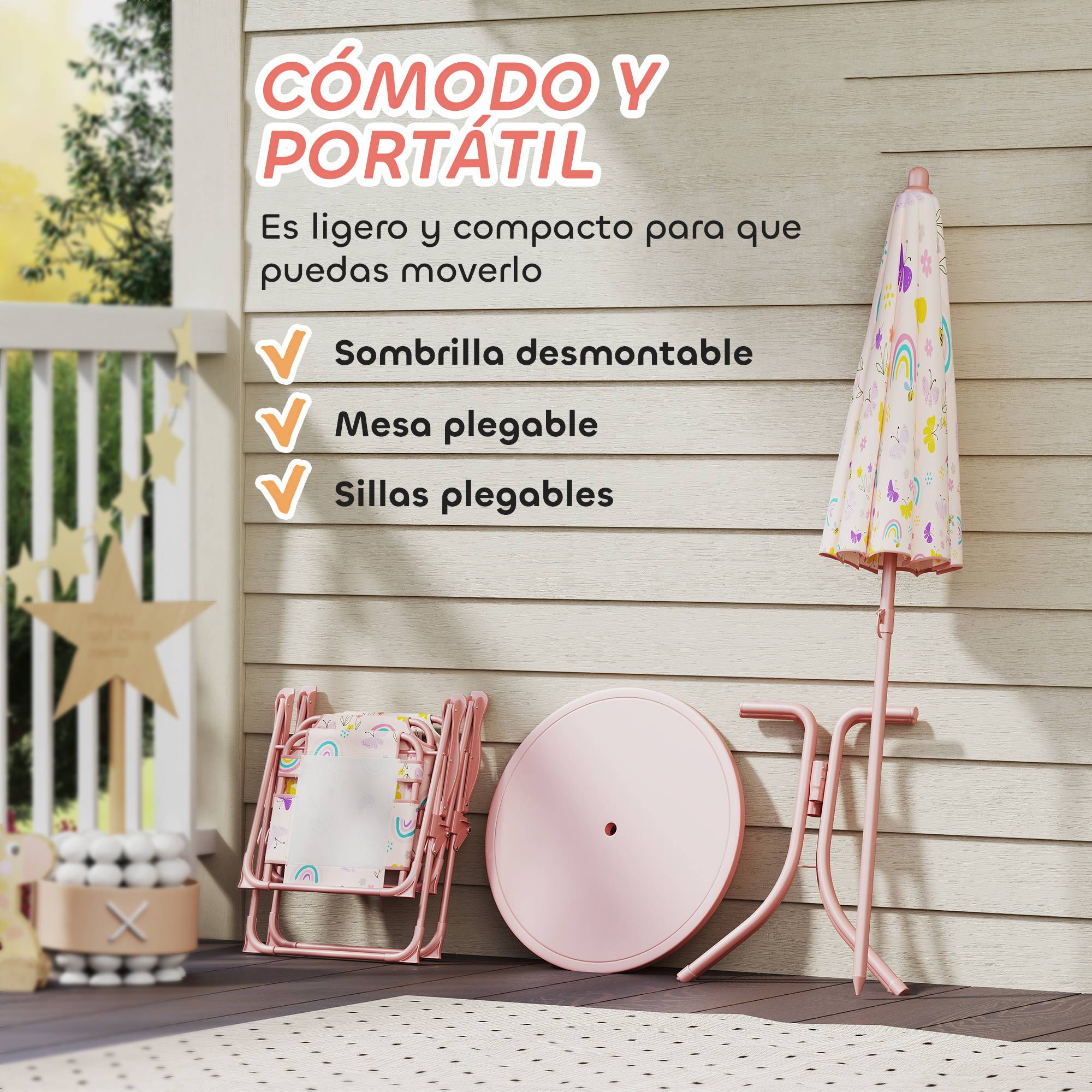 Ensemble de jardin pliable pour enfants avec 2 chaises, une table et un parasol réglable pour les enfants de 2 à 5 ans, rose - Image 8