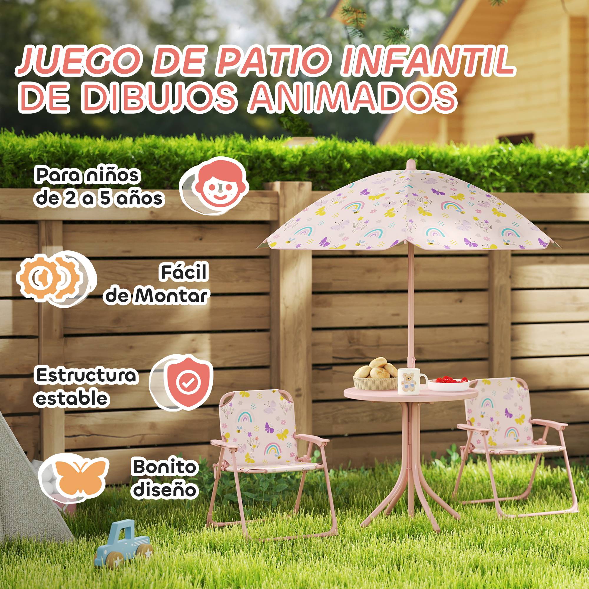 Ensemble de jardin pliable pour enfants avec 2 chaises, une table et un parasol réglable pour les enfants de 2 à 5 ans, rose - Image 9