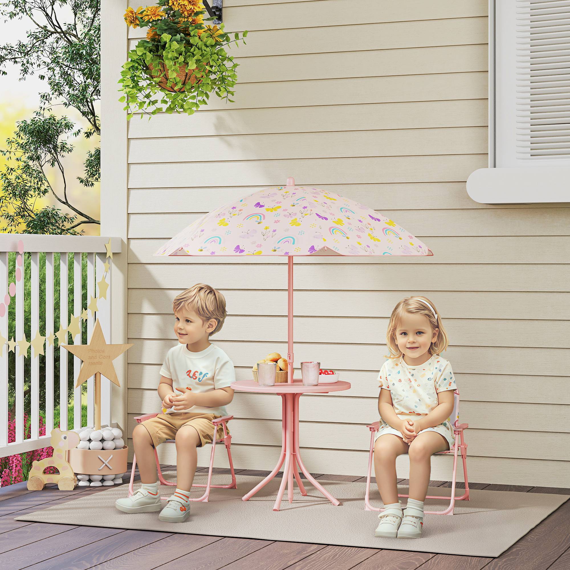 Ensemble de jardin pliable pour enfants avec 2 chaises, une table et un parasol réglable pour les enfants de 2 à 5 ans, rose - Image 3