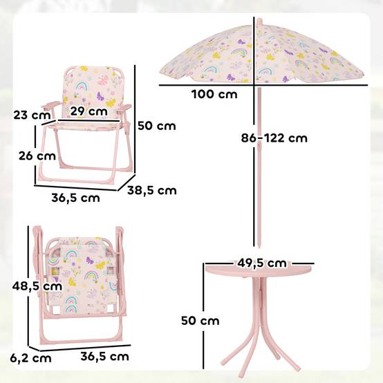Ensemble de jardin pliable pour enfants avec 2 chaises, une table et un parasol réglable pour les enfants de 2 à 5 ans, rose - Image 5
