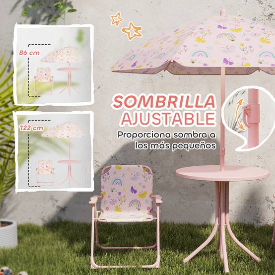 Ensemble de jardin pliable pour enfants avec 2 chaises, une table et un parasol réglable pour les enfants de 2 à 5 ans, rose - Image 7