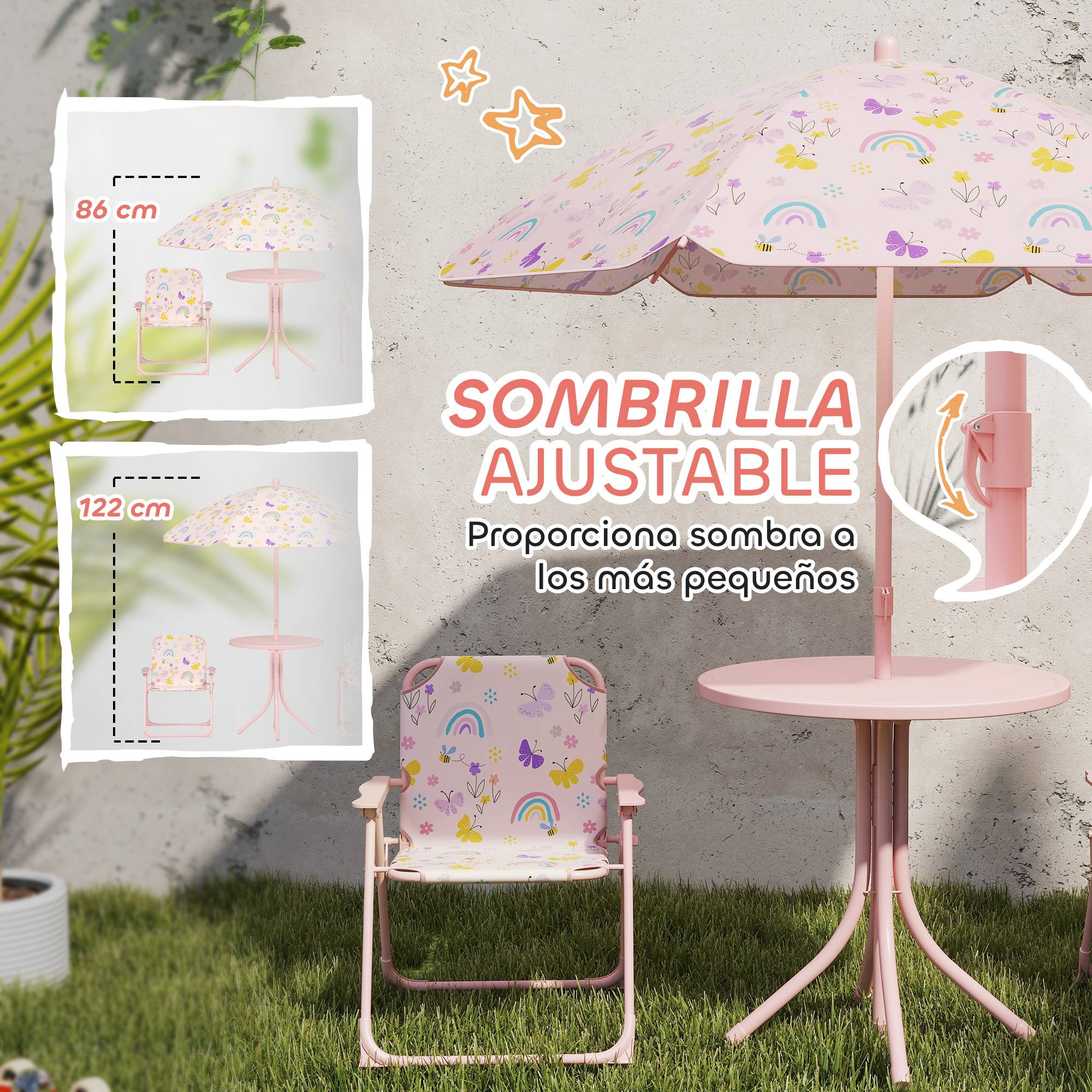 Ensemble de jardin pliable pour enfants avec 2 chaises, une table et un parasol réglable pour les enfants de 2 à 5 ans, rose - Image 7