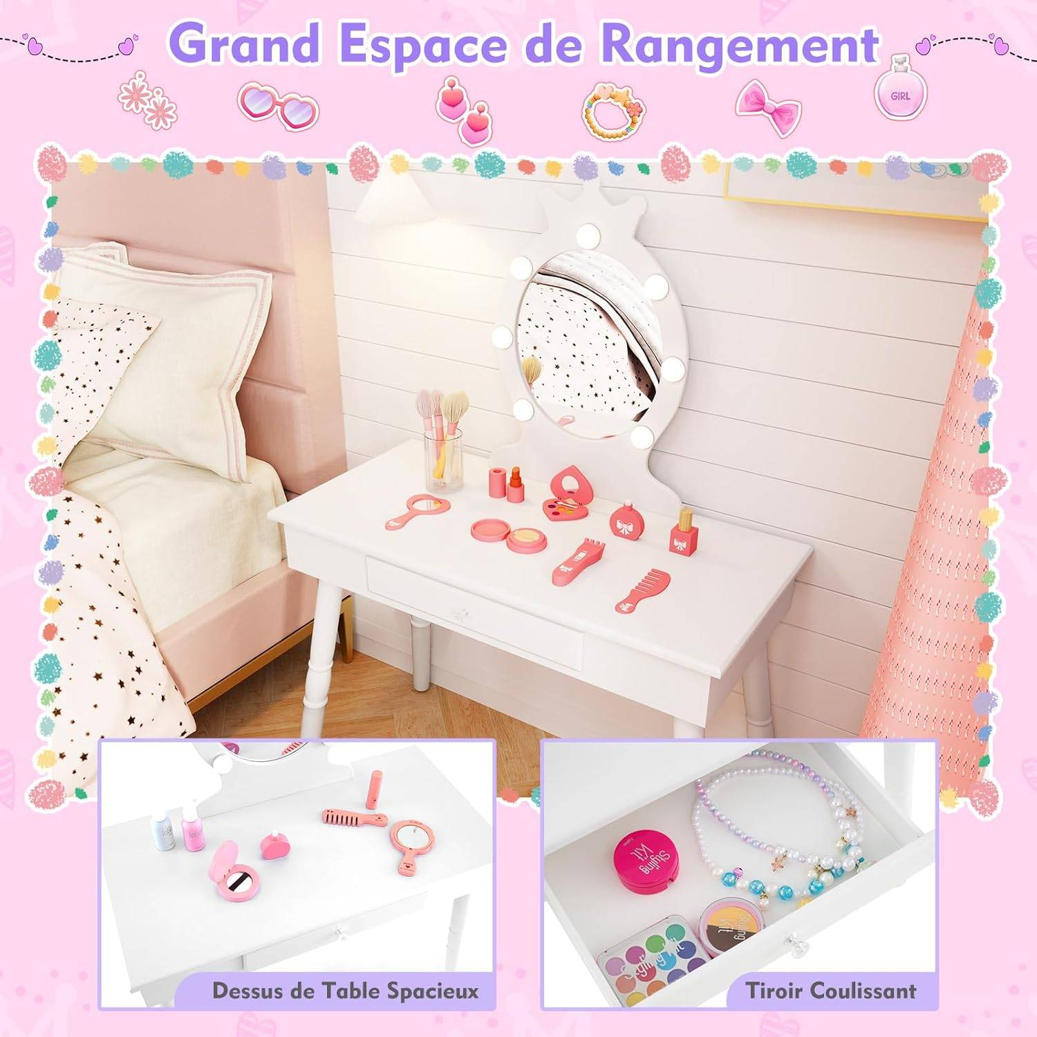 Coiffeuse Enfant avec Miroir & Lumière LED à 3 Couleurs, Forme de Couronne, Dispositif Anti-basculement, Charge 50/50kg pour 3-7 Ans - Image 4