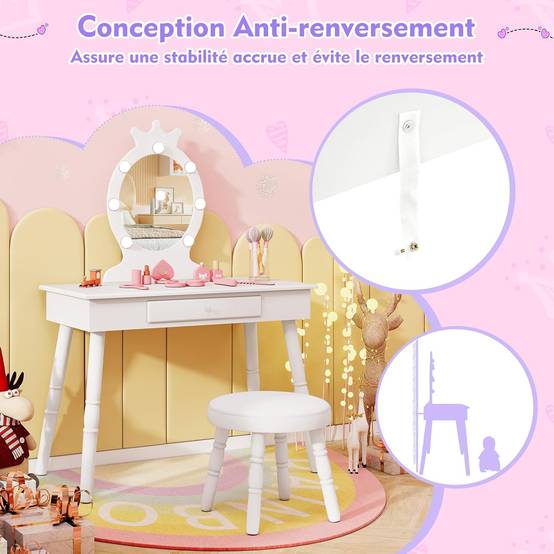 Coiffeuse Enfant avec Miroir & Lumière LED à 3 Couleurs, Forme de Couronne, Dispositif Anti-basculement, Charge 50/50kg pour 3-7 Ans - Image 6