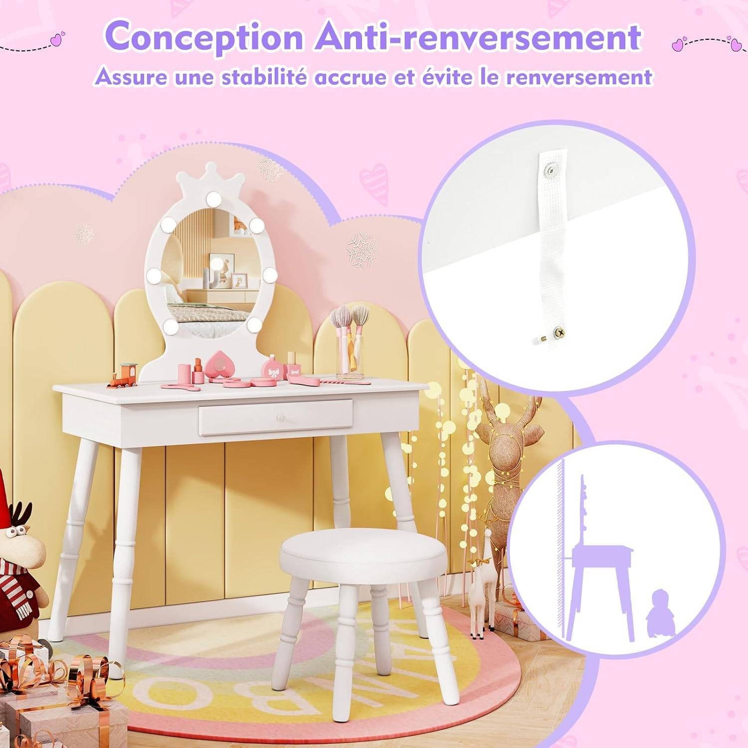 Coiffeuse Enfant AIYAPLAY Avec Miroir, Tabouret Et Lumière – Rose + 15 Accessoires