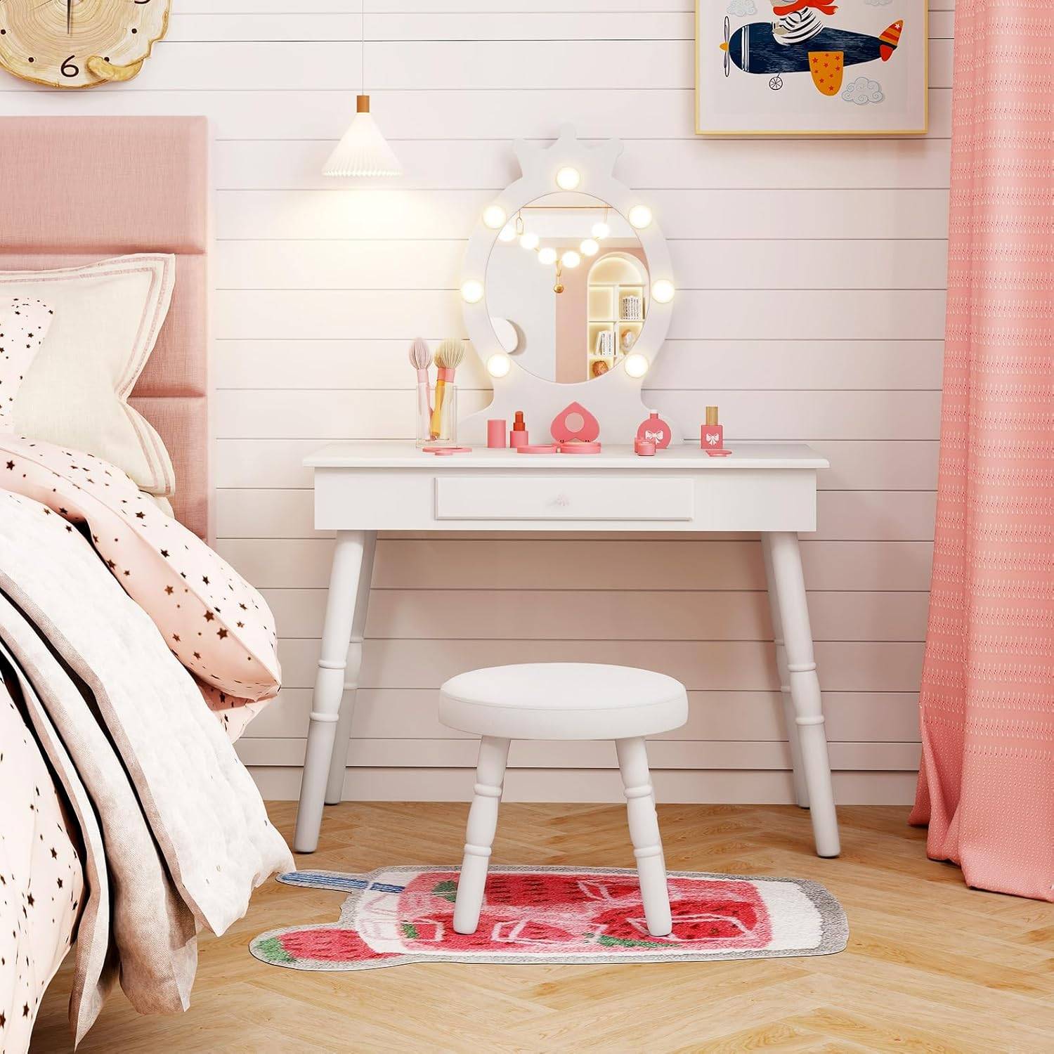 Coiffeuse Enfant avec Miroir & Lumière LED à 3 Couleurs, Forme de Couronne, Dispositif Anti-basculement, Charge 50/50kg pour 3-7 Ans - Image 8