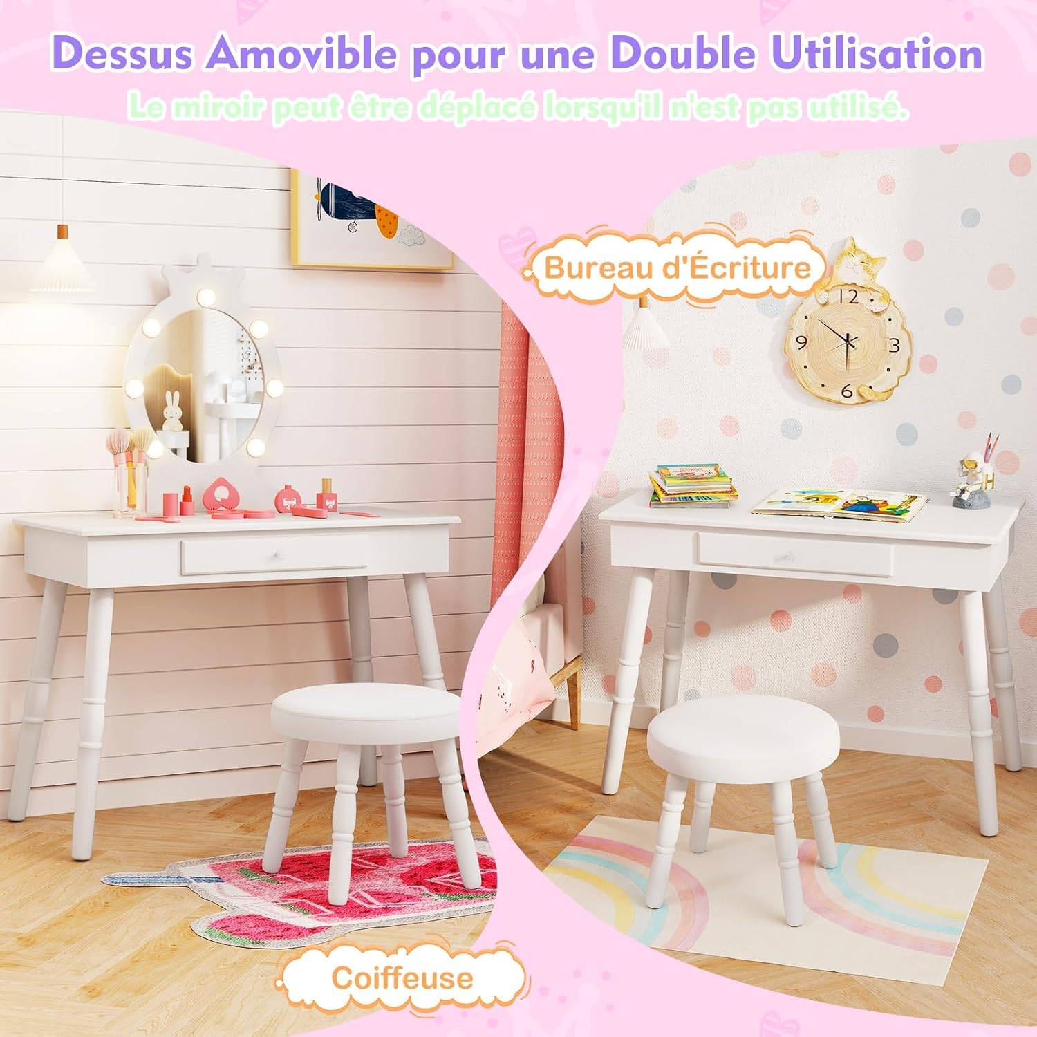 Coiffeuse Enfant avec Miroir & Lumière LED à 3 Couleurs, Forme de Couronne, Dispositif Anti-basculement, Charge 50/50kg pour 3-7 Ans - Image 3