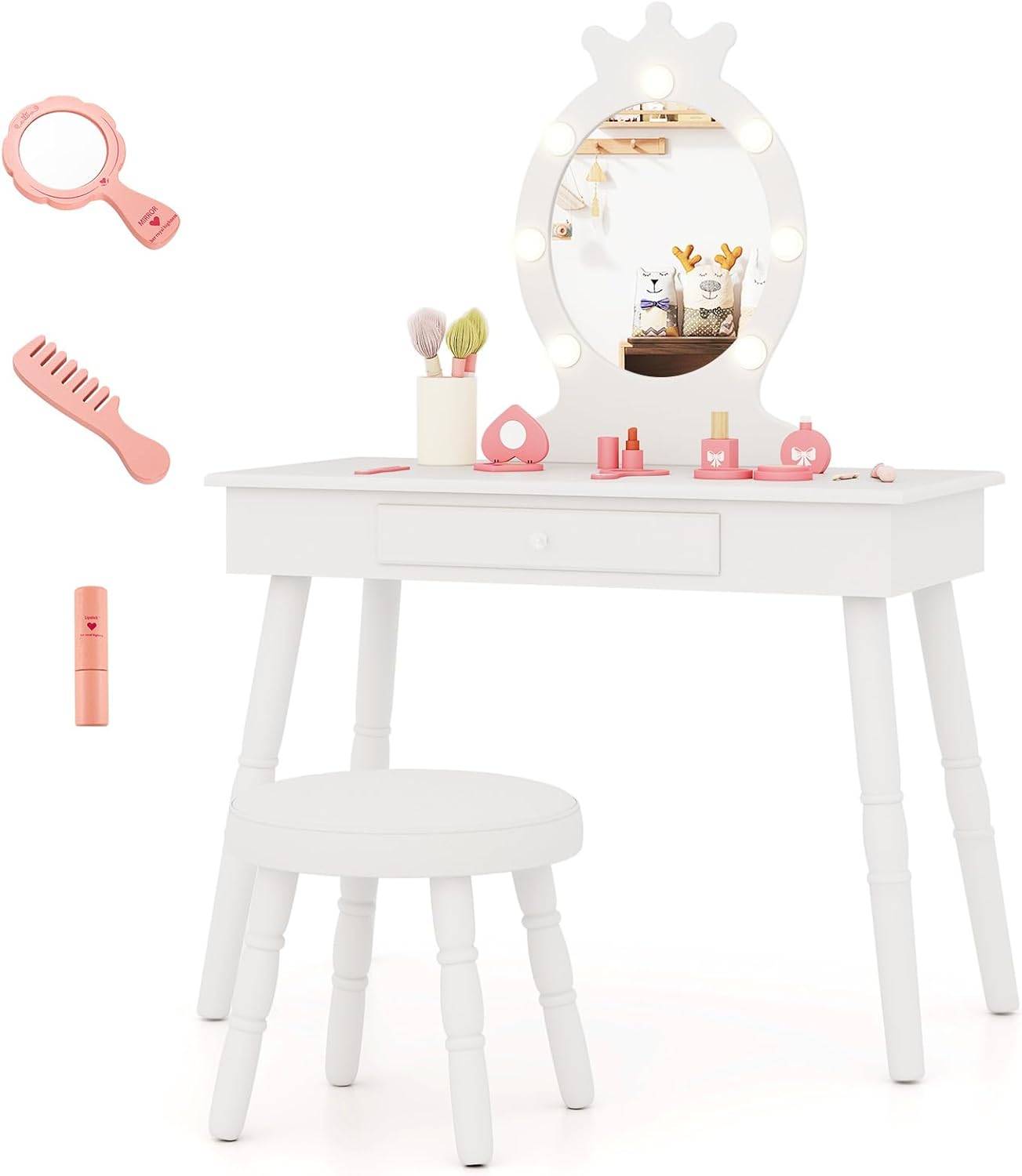 Coiffeuse Enfant avec Miroir & Lumière LED à 3 Couleurs, Forme de Couronne, Dispositif Anti-basculement, Charge 50/50kg pour 3-7 Ans - Image 1