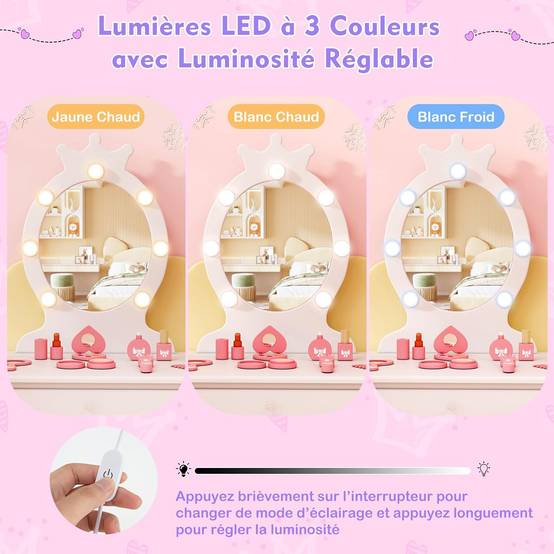Coiffeuse Enfant avec Miroir & Lumière LED à 3 Couleurs, Forme de Couronne, Dispositif Anti-basculement, Charge 50/50kg pour 3-7 Ans - Image 2
