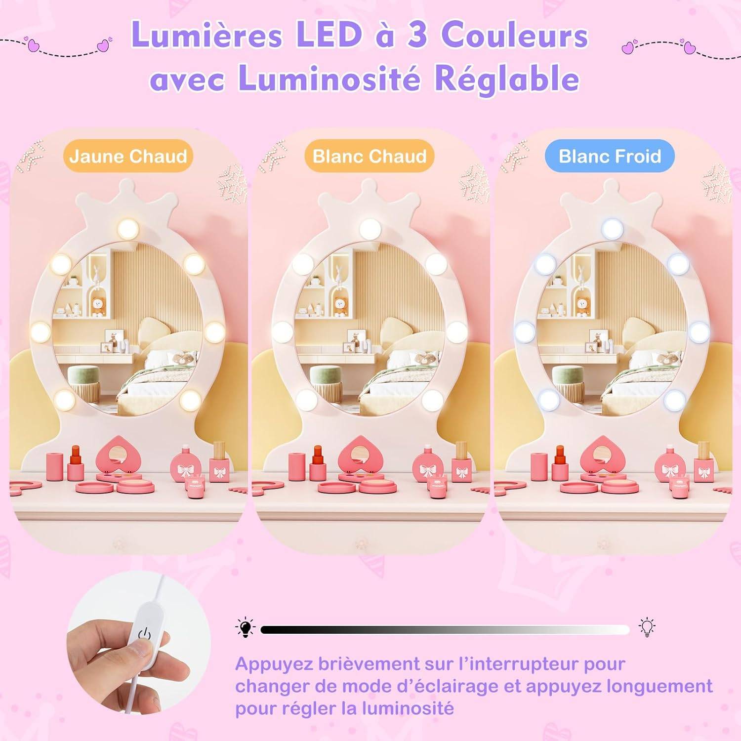 Coiffeuse Enfant avec Miroir & Lumière LED à 3 Couleurs, Forme de Couronne, Dispositif Anti-basculement, Charge 50/50kg pour 3-7 Ans - Image 2