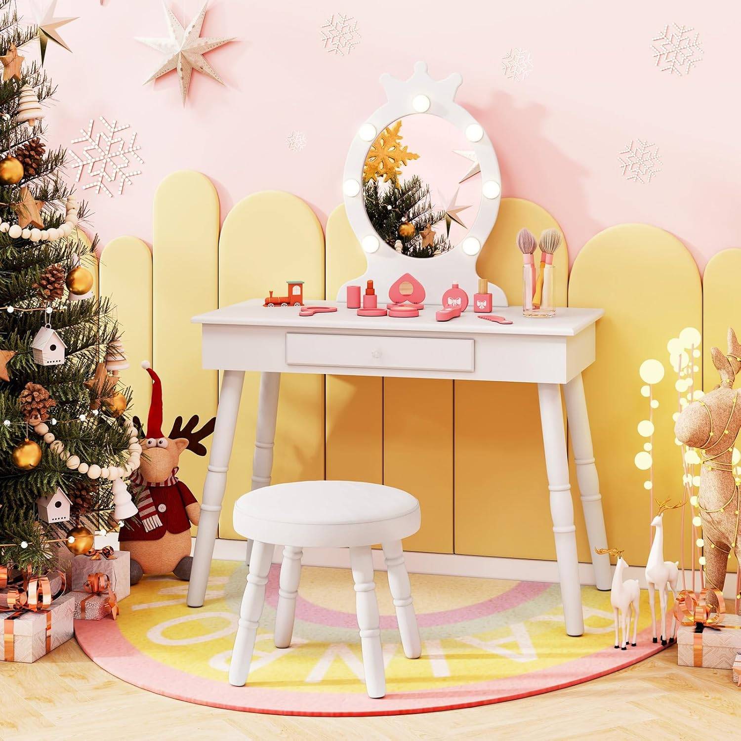 Coiffeuse Enfant avec Miroir & Lumière LED à 3 Couleurs, Forme de Couronne, Dispositif Anti-basculement, Charge 50/50kg pour 3-7 Ans - Image 9