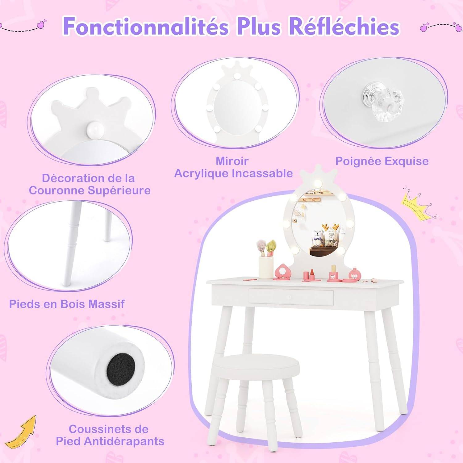Coiffeuse Enfant avec Miroir & Lumière LED à 3 Couleurs, Forme de Couronne, Dispositif Anti-basculement, Charge 50/50kg pour 3-7 Ans - Image 7
