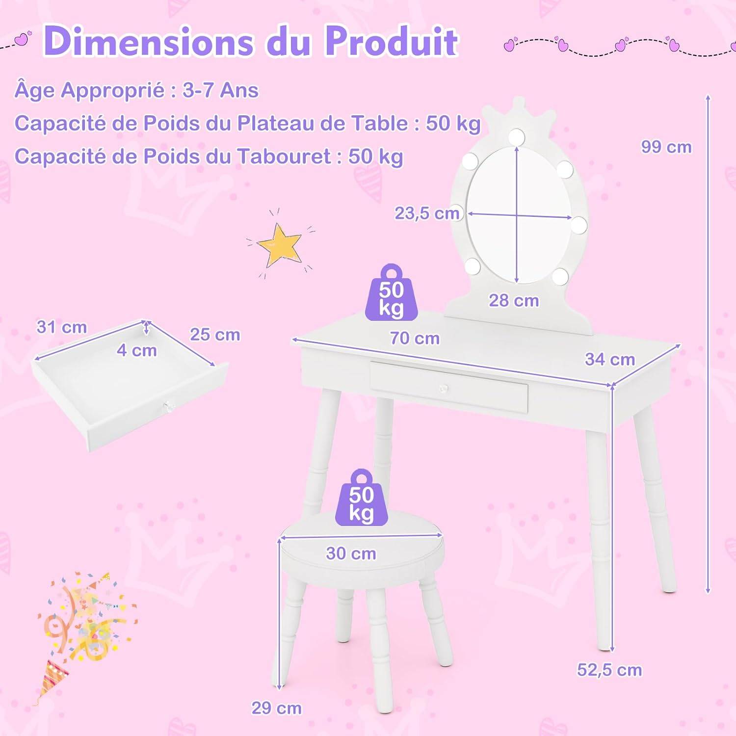 Coiffeuse Enfant avec Miroir & Lumière LED à 3 Couleurs, Forme de Couronne, Dispositif Anti-basculement, Charge 50/50kg pour 3-7 Ans - Image 5
