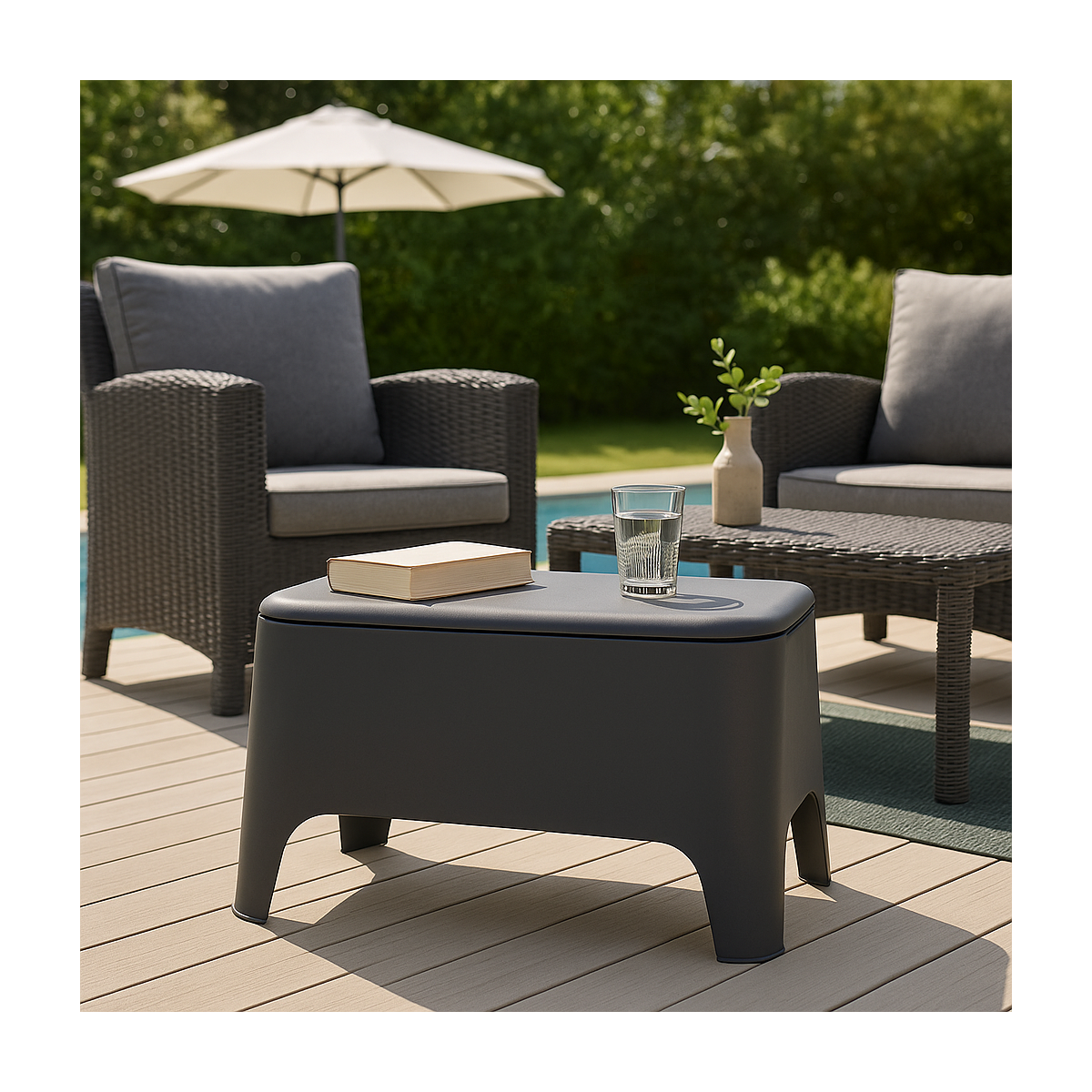 Table basse de jardin 59x 39x 36cm Anthracite Avec couvercle Extérieur / Intérieur TOOMAX - Image 4