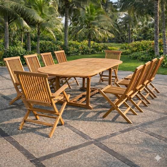 Salon de jardin Teck 12 places Table ovale 8 chaises 2 fauteuils KAJANG - Image 1