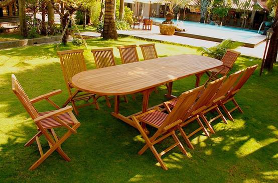 Salon de jardin Teck 12 places Table ovale 8 chaises 2 fauteuils KAJANG - Image 5