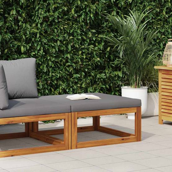 Repose-pied | Tabouret de jardin | Pouf avec coussin gris foncé Bois d'acacia massif Maison Chic - Image 2