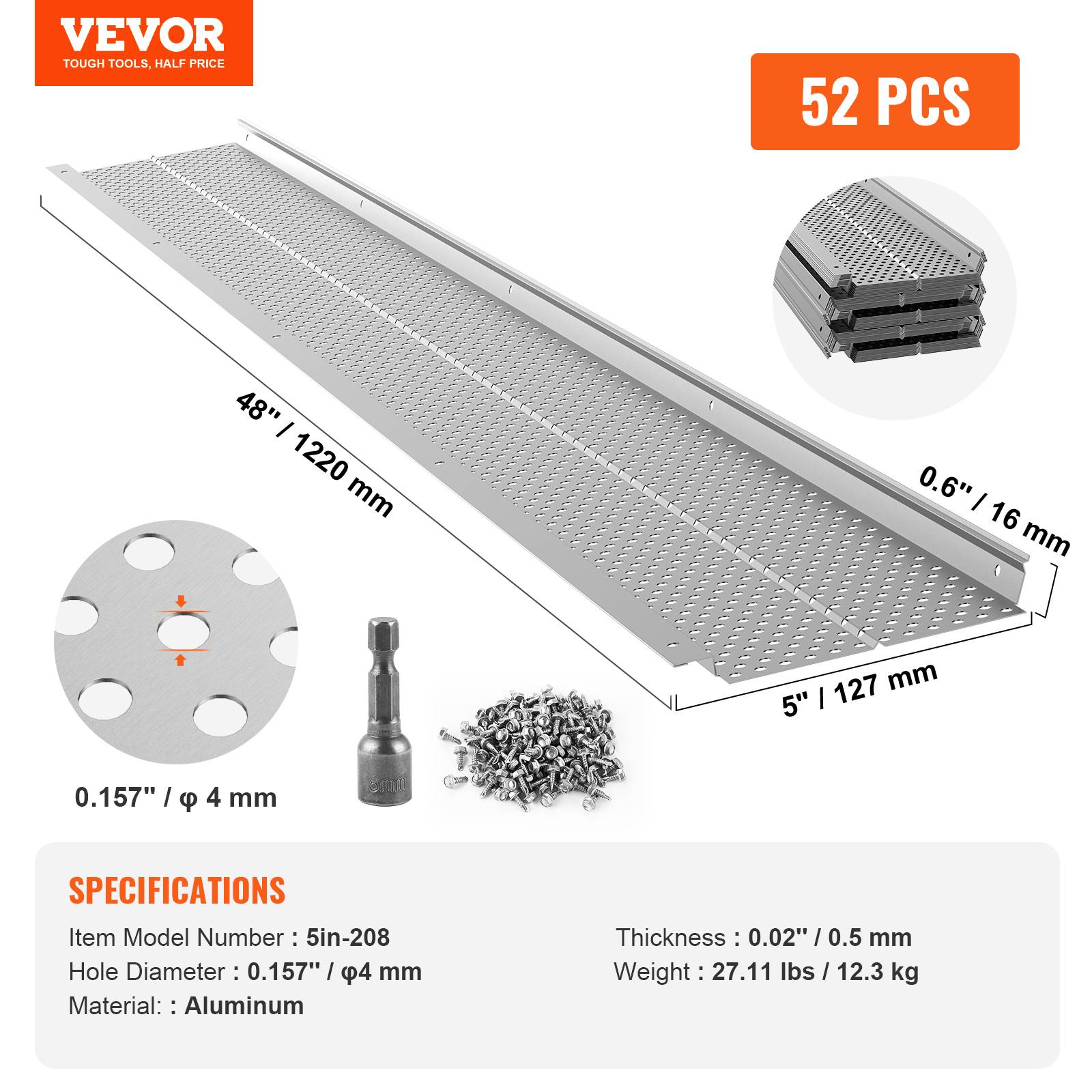 Vevor - VEVOR Grille protection gouttière 127 mm, alu, 52 pièces, longueur totale 63,4 m. Anti-feuilles, trou 4 mm. - Image 7