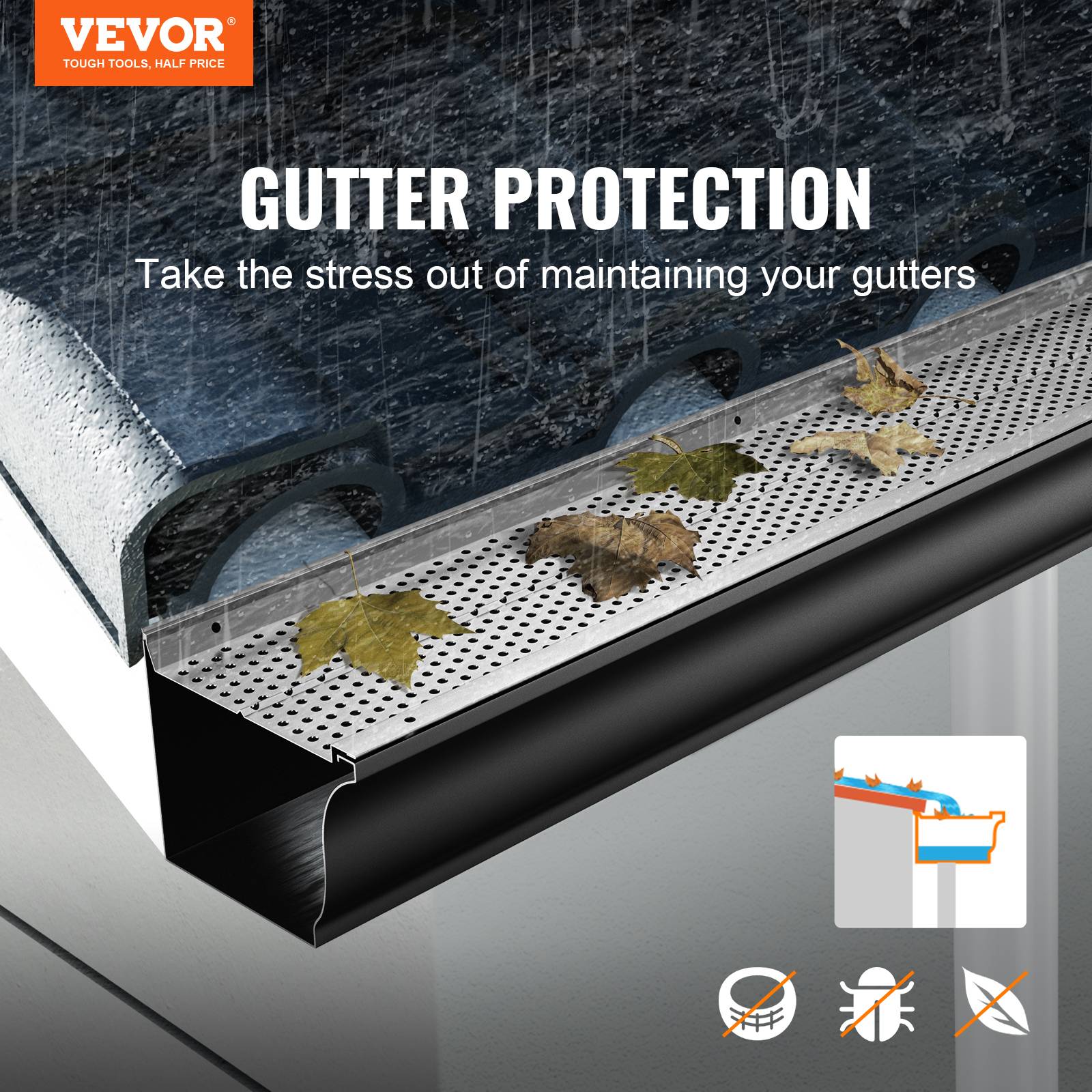 Vevor - VEVOR Grille protection gouttière 127 mm, alu, 52 pièces, longueur totale 63,4 m. Anti-feuilles, trou 4 mm. - Image 2