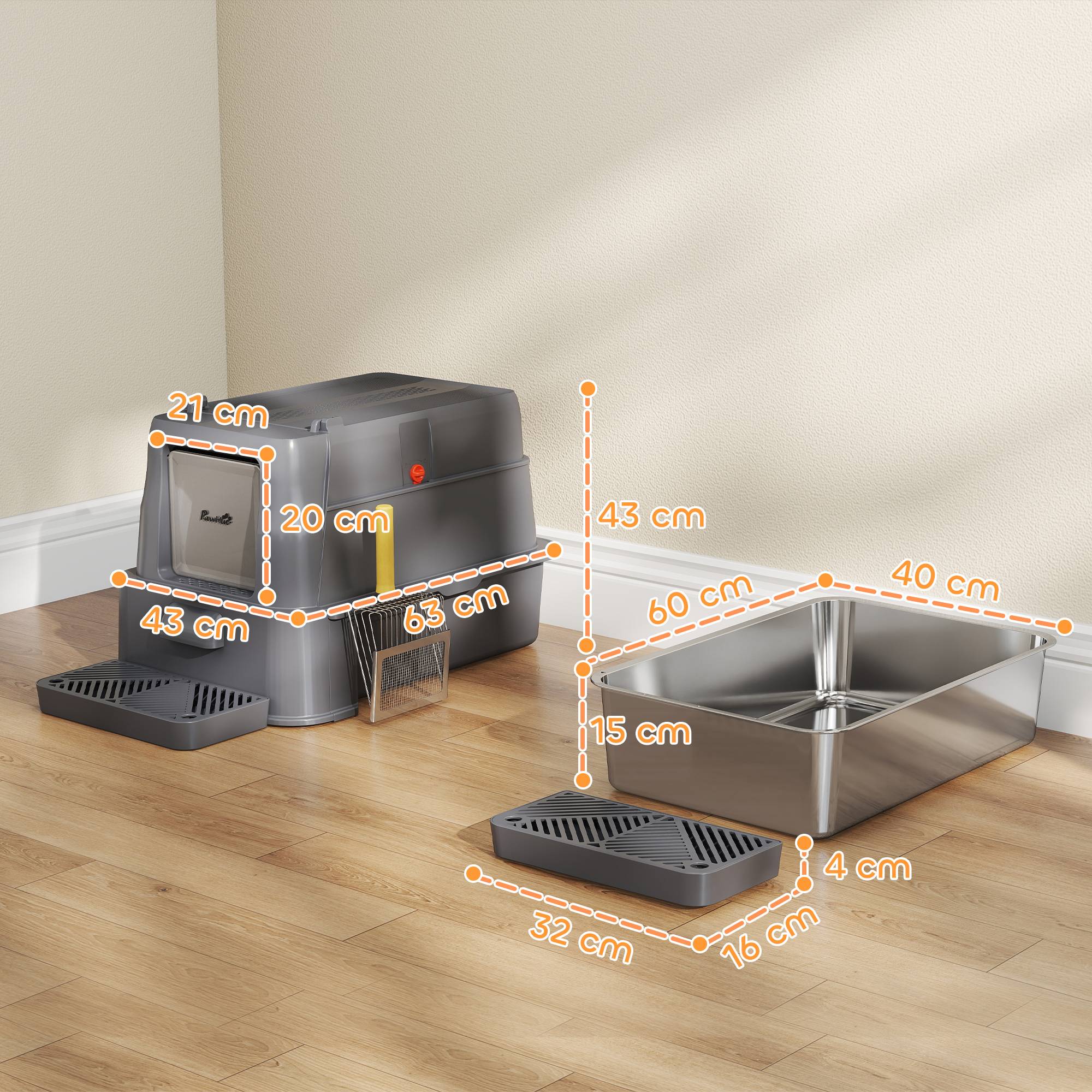 Bac à litière fermé 80 L plateau amovible ABS acier inox chat intérieur 63 x 43 x 43 cm gris foncé - Image 5