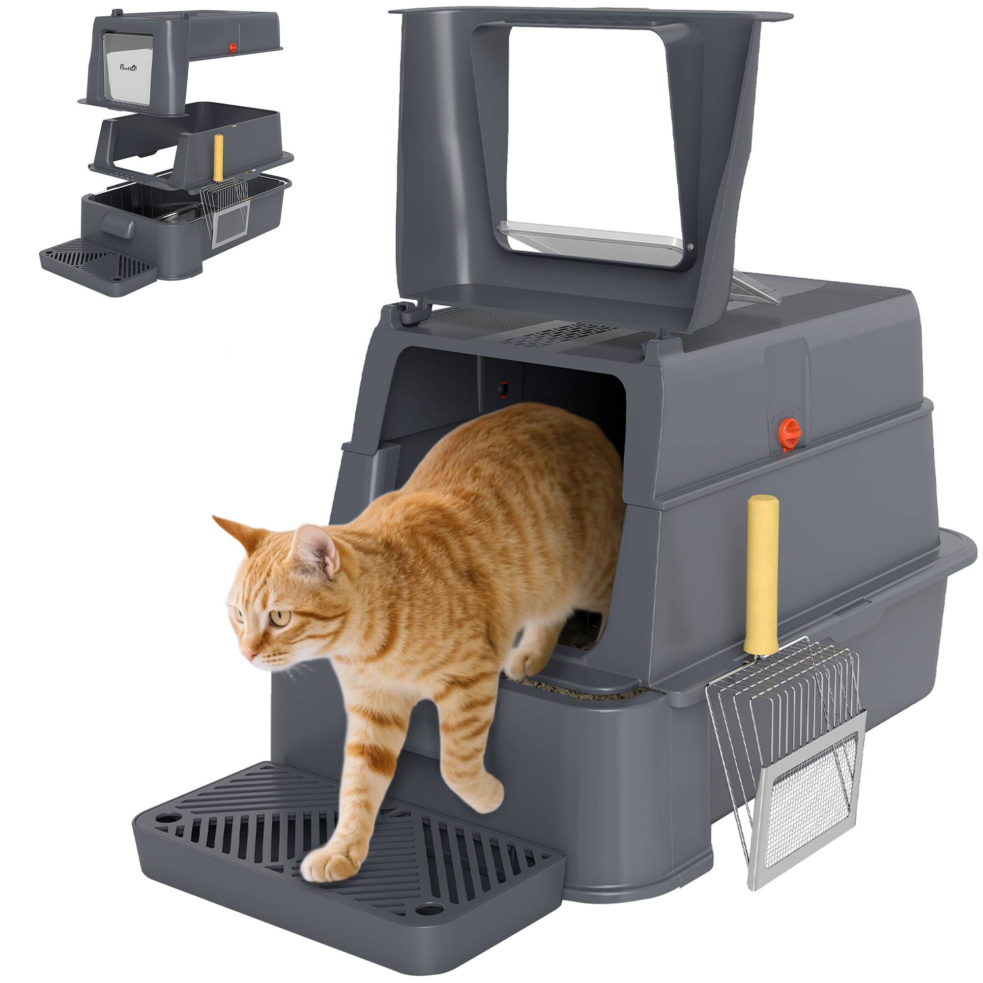 Bac à litière fermé 80 L plateau amovible ABS acier inox chat intérieur 63 x 43 x 43 cm gris foncé - Image 1