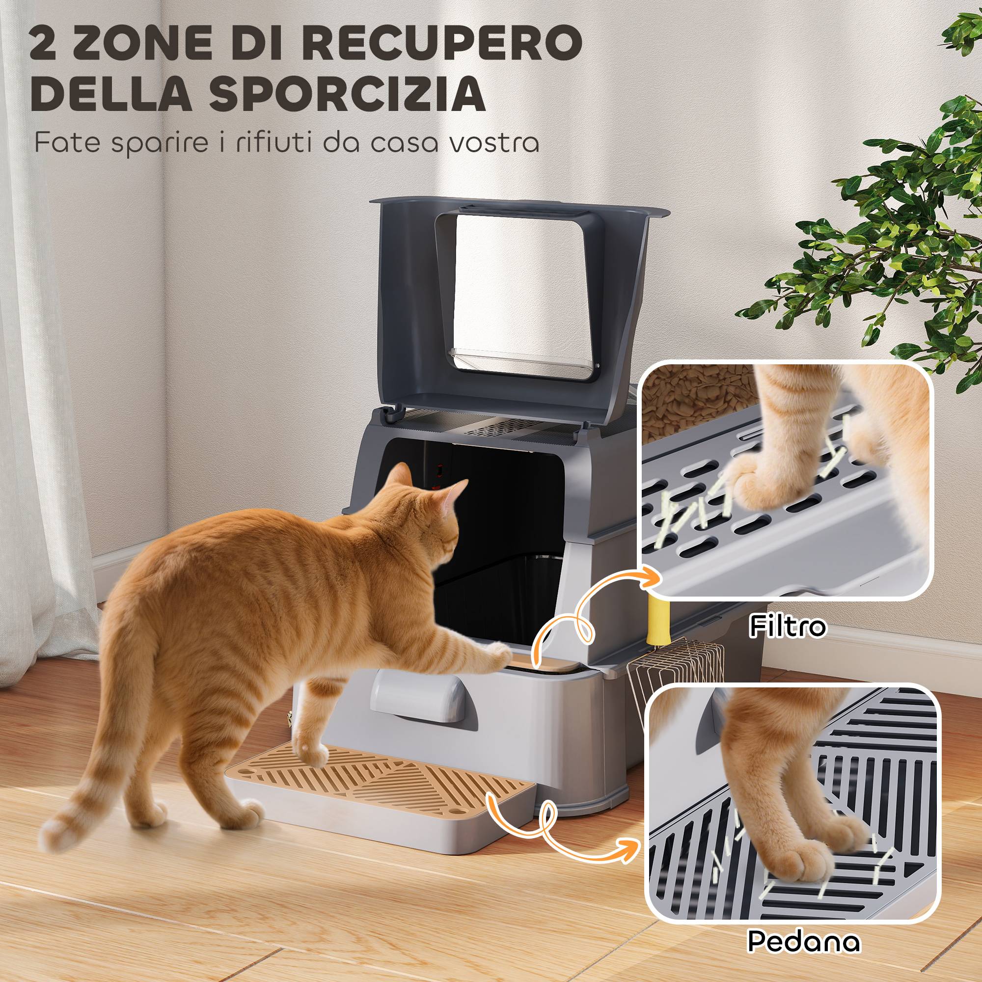 Bac à litière fermé 80 L plateau amovible ABS acier inox chat intérieur 63 x 43 x 43 cm gris foncé - Image 10