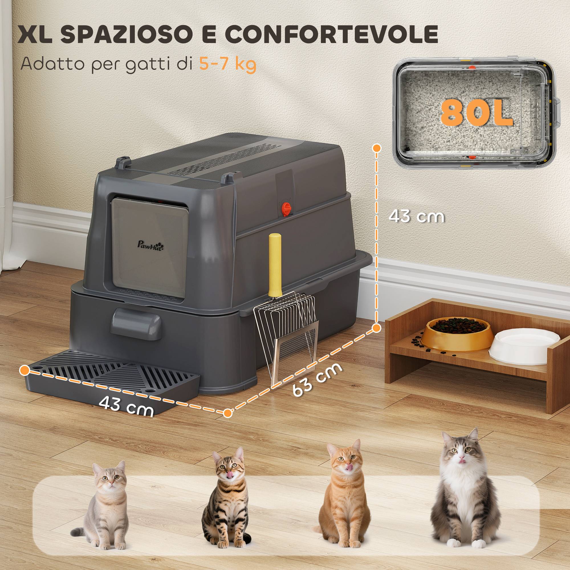 Bac à litière fermé 80 L plateau amovible ABS acier inox chat intérieur 63 x 43 x 43 cm gris foncé - Image 7