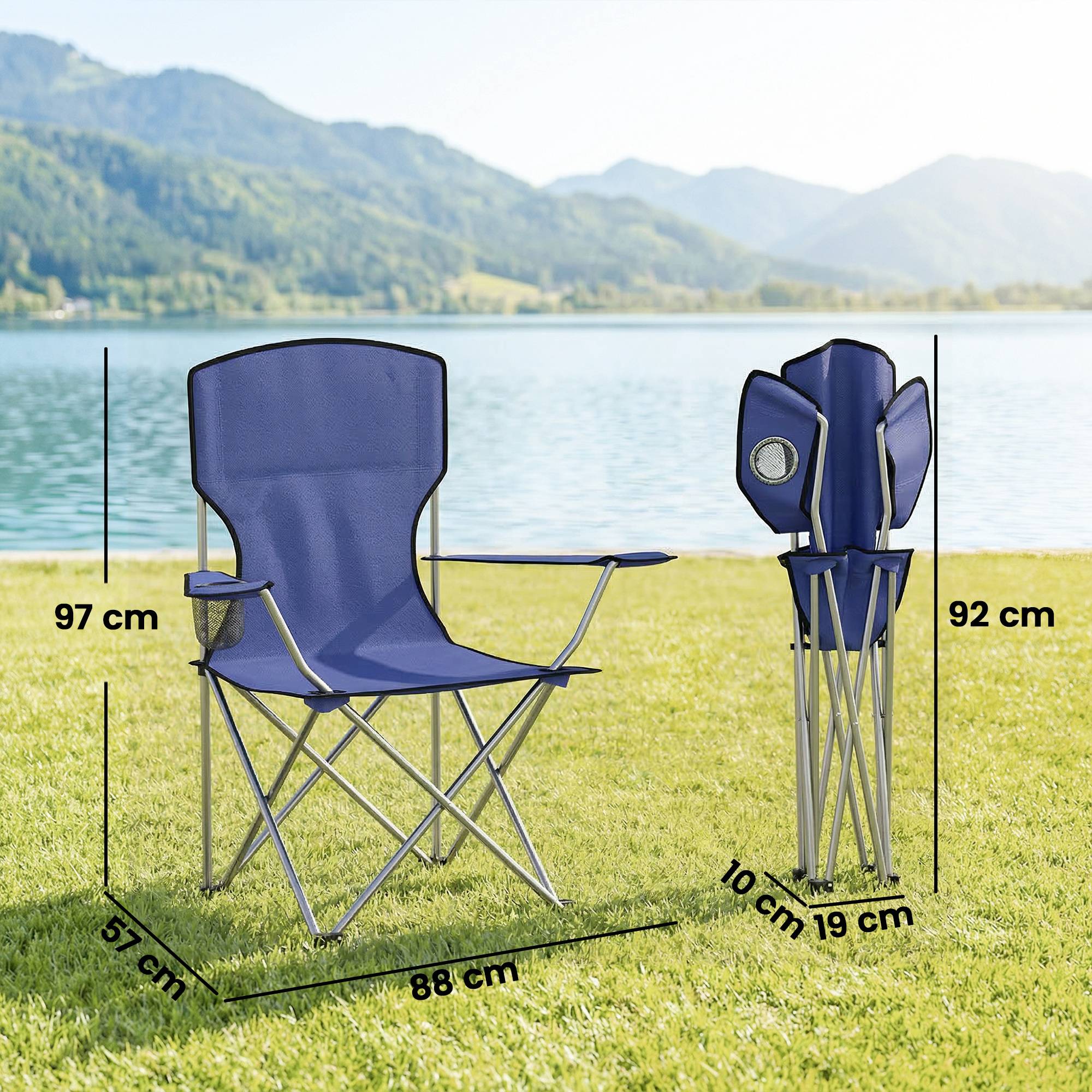 ComfortXL - Lot de 2 chaises de camping pliantes métal dossier haut porte-gobelet bleu - ComfortXL Outdoor Living - Image 5