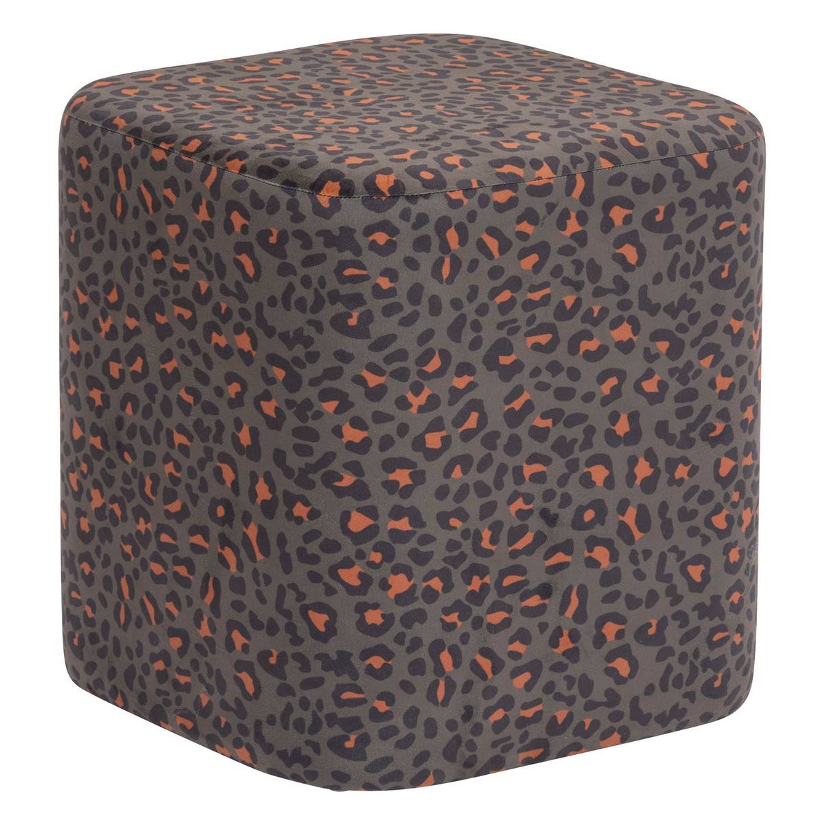 Pouf en Velours Vert Kaki motif léopard  38 x 40 cm - Image 1