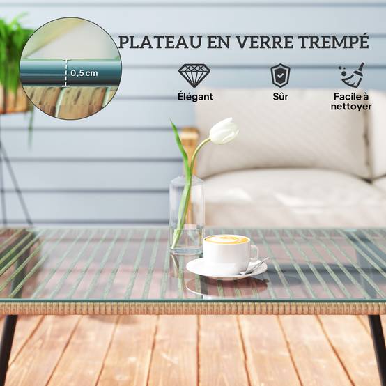 PANGIVO - Table basse de jardin résine tressée effet bois naturel 110 x 60 x 40 cm - PANGIVO - Image 7
