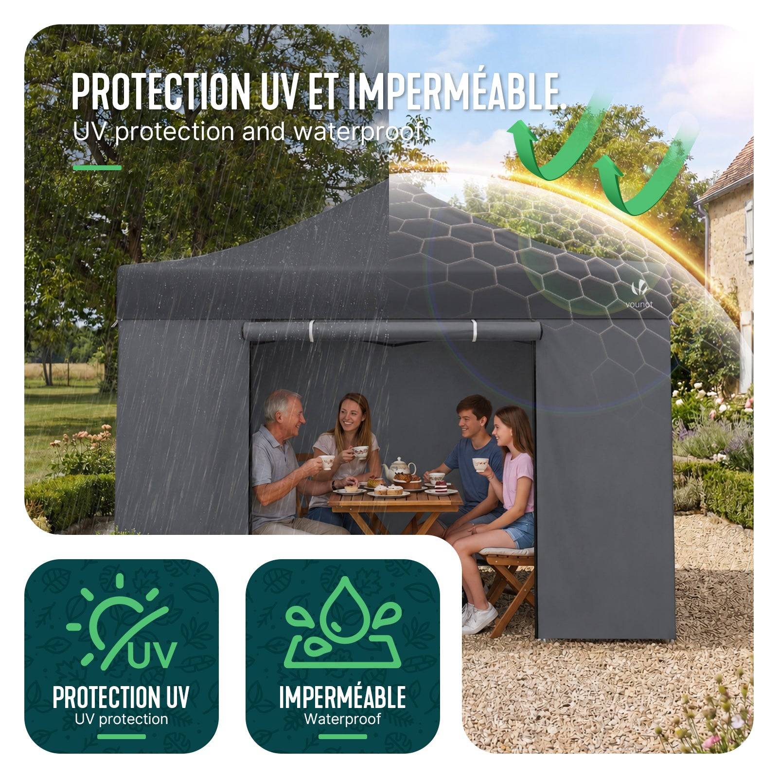 Vounot - Tonnelle de jardin renforcée 3x3m pliable Barnum avec 4 parois - sac de transport à roulettes et sacs de sable - Gris - VOUNOT® - Image 5