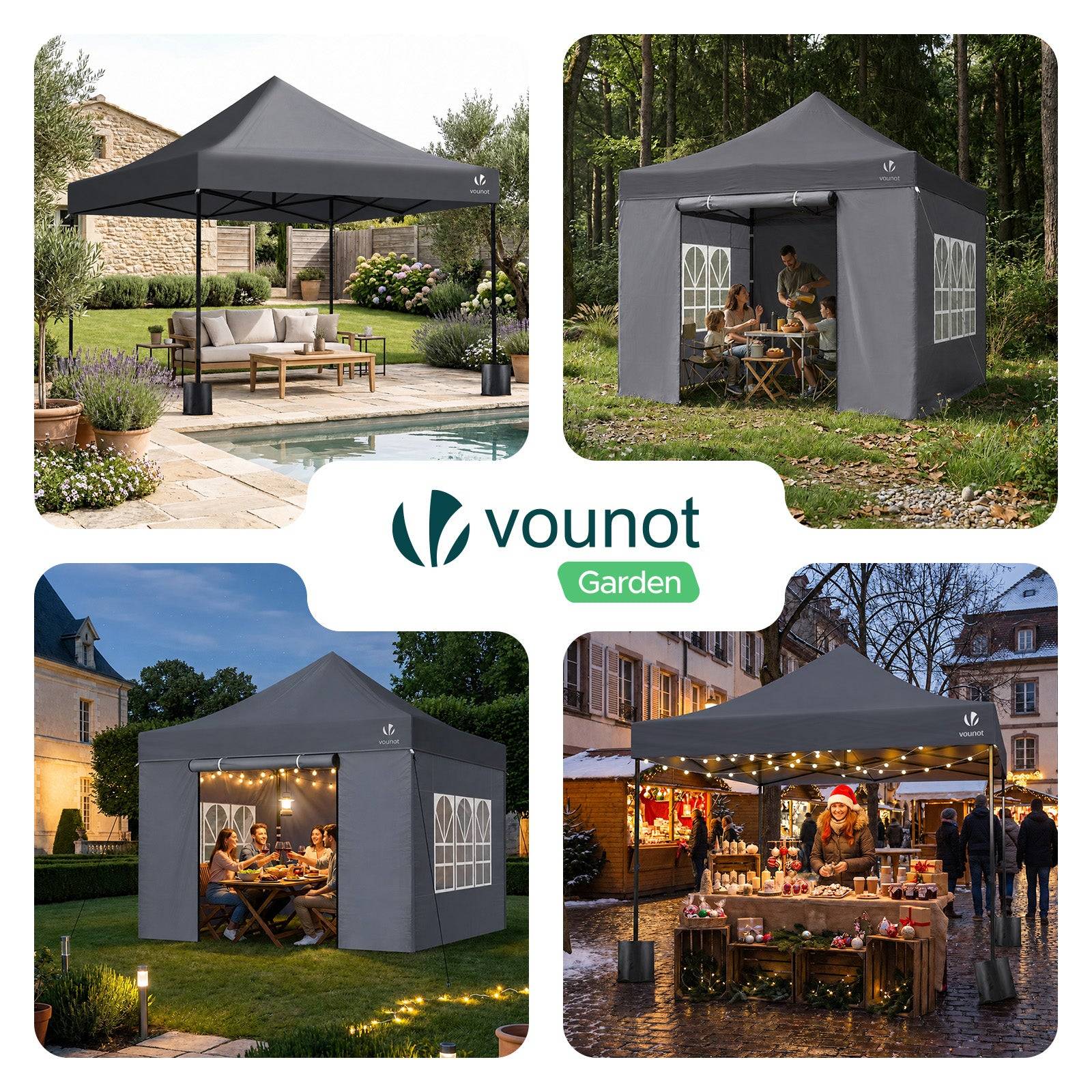 Vounot - Tonnelle de jardin renforcée 3x3m pliable Barnum avec 4 parois - sac de transport à roulettes et sacs de sable - Gris - VOUNOT® - Image 7