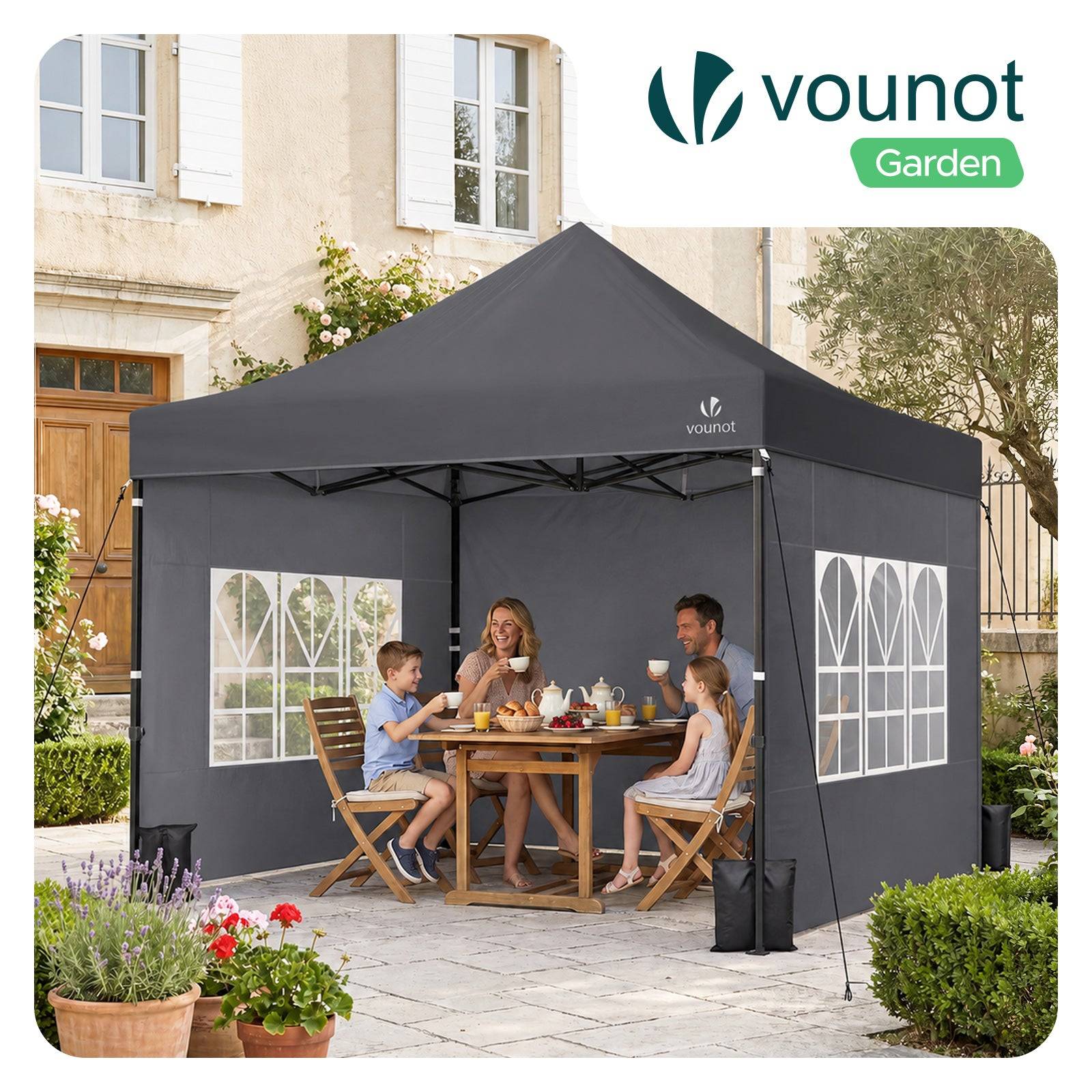 Vounot - Tonnelle de jardin renforcée 3x3m pliable Barnum avec 4 parois - sac de transport à roulettes et sacs de sable - Gris - VOUNOT® - Image 2