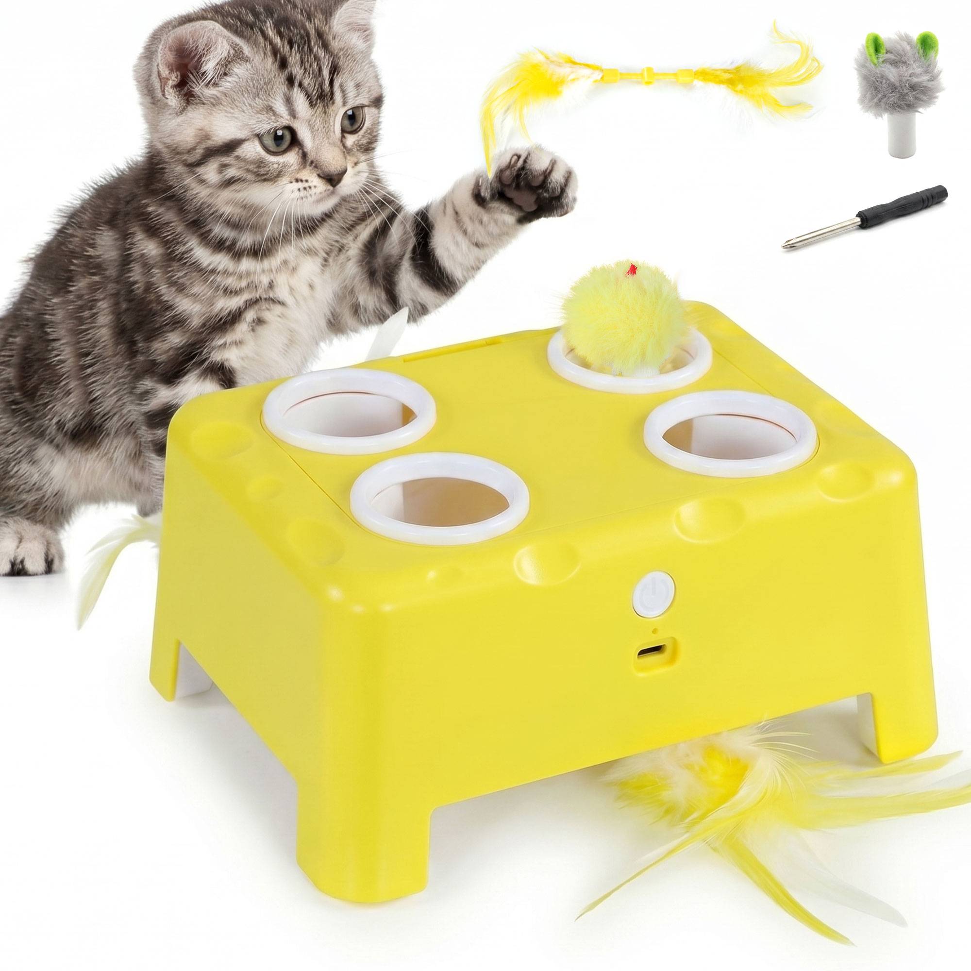 Sans Marque - Jouet Interactif pour Chats d'Intérieur Rechargeable, 3 Modes Réglables Repos Intelligent, 18,8 x 14 x 6 cm, Jaune - Image 1