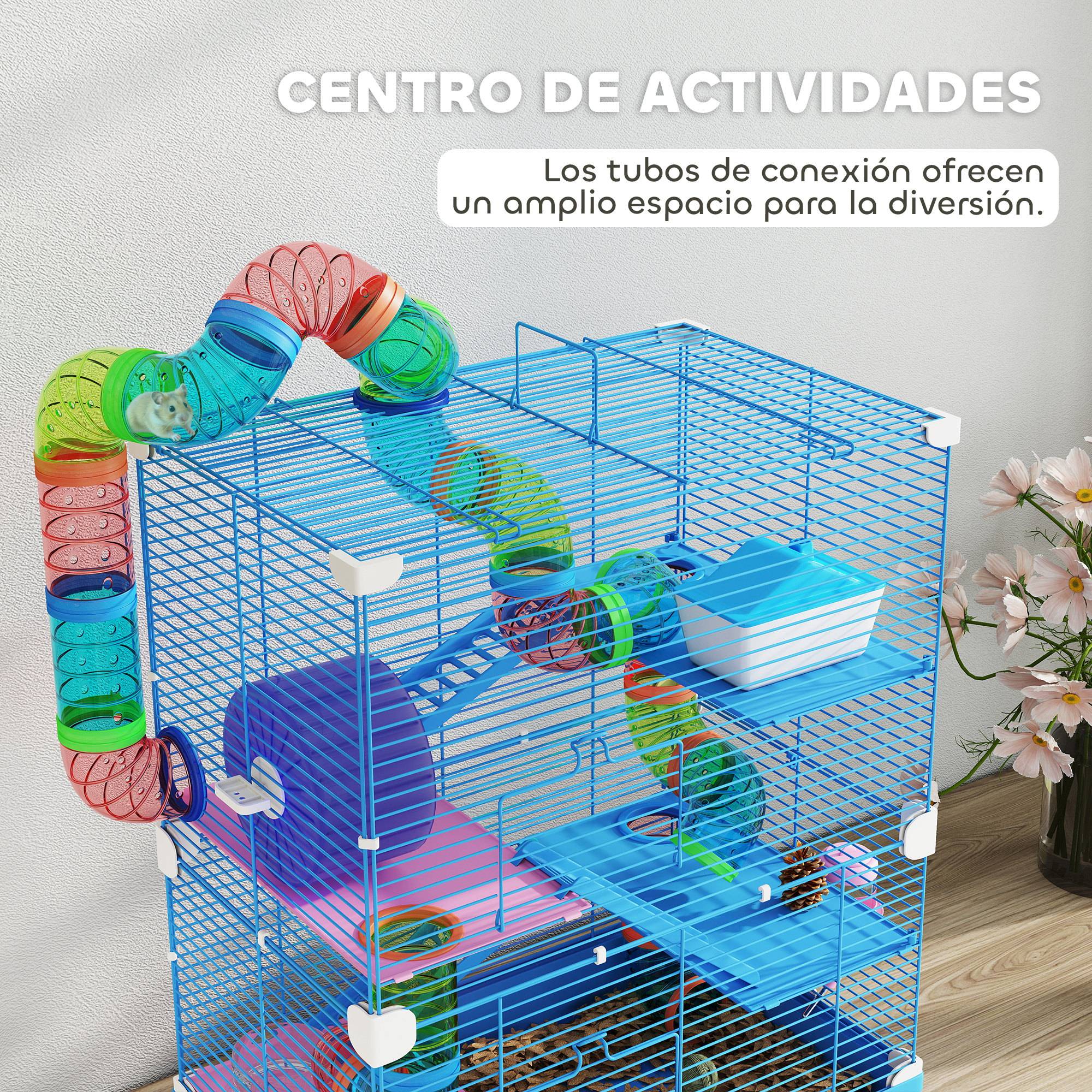 Cage pour hamster avec tunnel, plateformes, gamelle, biberon, maisonnette, rampes et roue d'exercice, 46 x 30 x 58 cm, bleue - Image 6