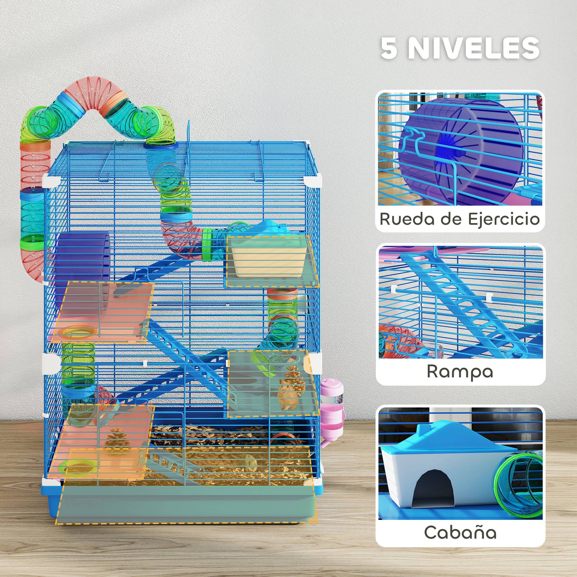 Cage pour hamster avec tunnel, plateformes, gamelle, biberon, maisonnette, rampes et roue d'exercice, 46 x 30 x 58 cm, bleue - Image 8
