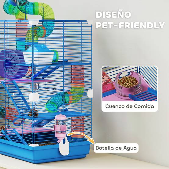 Cage pour hamster avec tunnel, plateformes, gamelle, biberon, maisonnette, rampes et roue d'exercice, 46 x 30 x 58 cm, bleue - Image 7