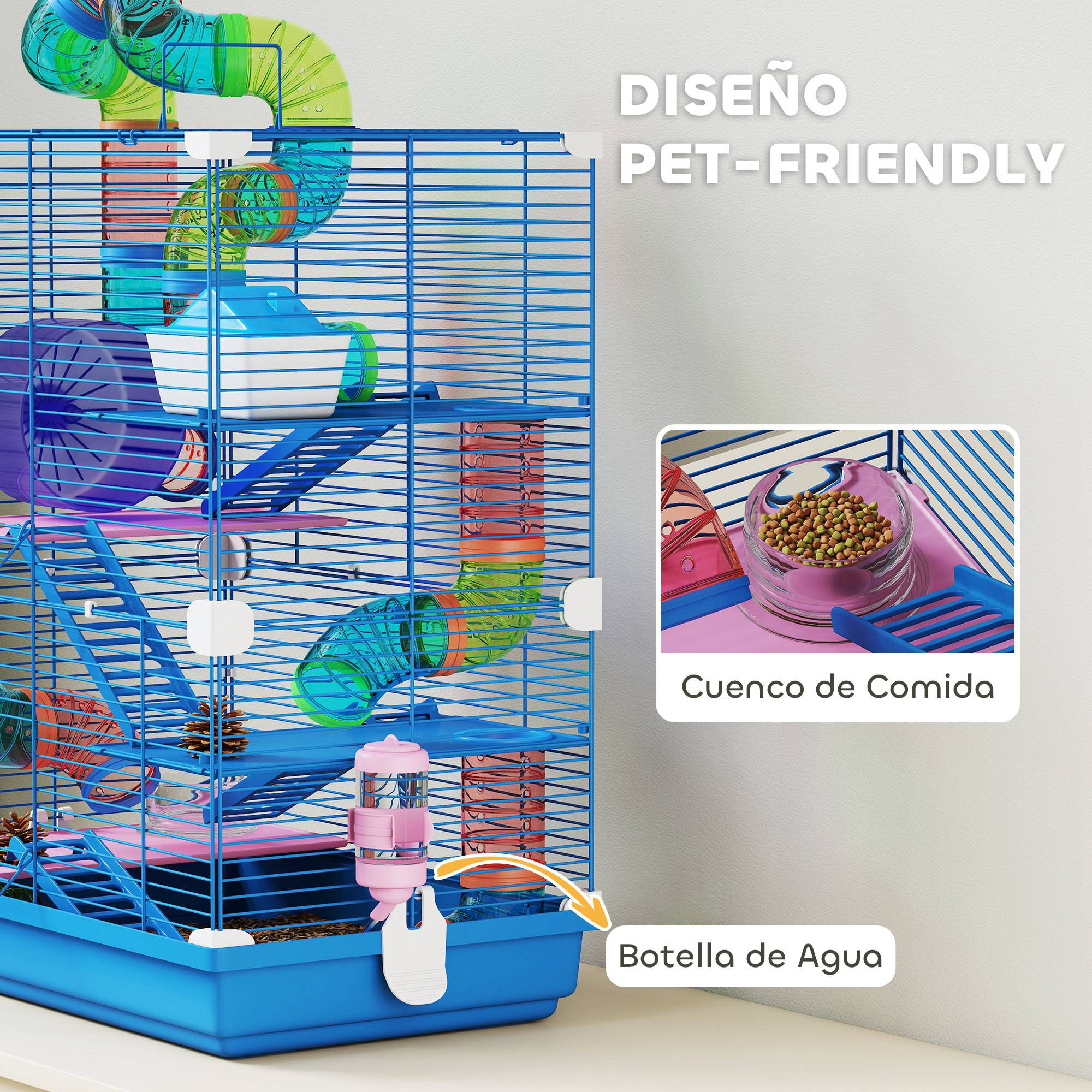 Cage pour hamster avec tunnel, plateformes, gamelle, biberon, maisonnette, rampes et roue d'exercice, 46 x 30 x 58 cm, bleue - Image 7