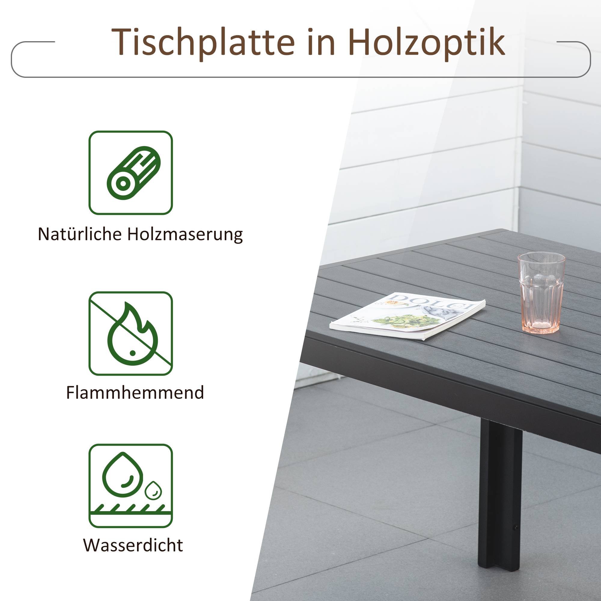 Table de jardin en plastique, 190 x 84,5 x 72 cm, résistante aux intempéries, aspect bois, texture bois, antidérapante, idéale comme table de buffet - Image 7