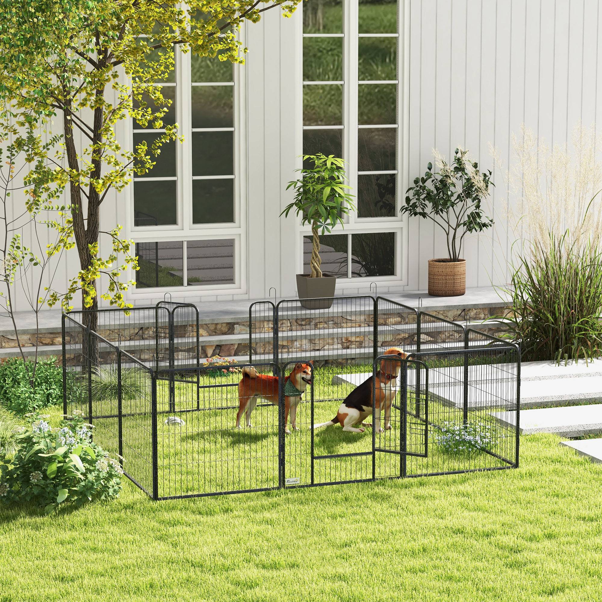 Parc enclos modulable acier époxy porte verrouillable pour chiens petits animaux intérieur et extérieur 80 x 80 cm gris - Image 4