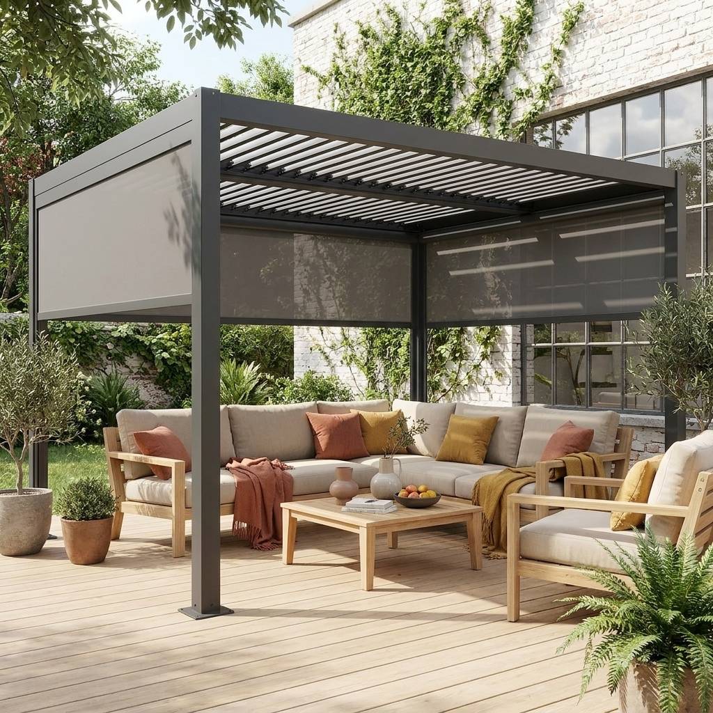 Pergola bioclimatique 3x4 m en alu et acier avec lames orientables et 3 stores intégrés Palace Anthracite - Sweeek - Image 1