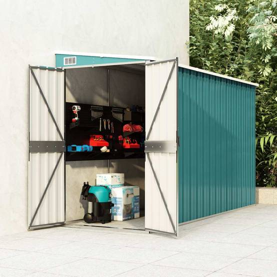 Abri de jardin mural Acier galvanisé Double porte Rangement 118x288cm Vert - ComfortXL Outdoor Living - Image 1