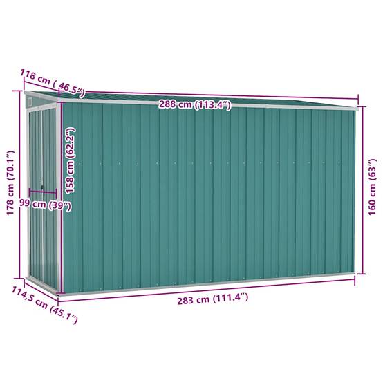Abri de jardin mural Acier galvanisé Double porte Rangement 118x288cm Vert - ComfortXL Outdoor Living - Image 7